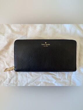 kate spade Black Zip Around Leather Wallet with Gold Logo